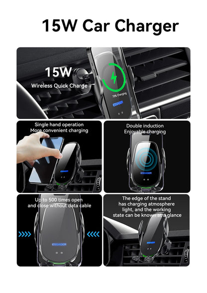 Essager Qi 15W Wireless Charger & Car Phone Holder – Fast Charging Car Mount for iPhone, Xiaomi, Huawei & More