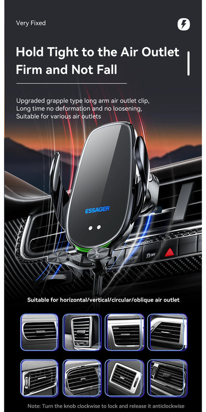Essager Qi 15W Wireless Charger & Car Phone Holder – Fast Charging Car Mount for iPhone, Xiaomi, Huawei & More