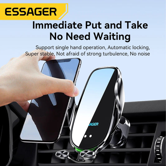Essager Qi 15W Wireless Charger & Car Phone Holder – Fast Charging Car Mount for iPhone, Xiaomi, Huawei & More