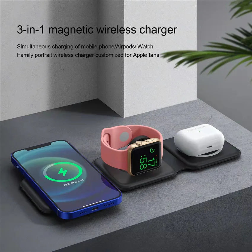 3-in-1 100W Wireless Charging Station – Magnetic Foldable Pad for iPhone 15/14/13/12, Apple Watch & AirPods
