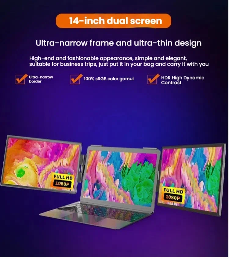 14" Portable Dual/Single Monitor – FHD IPS USB-C Laptop Screen Extender for Trading, Programming & Gaming