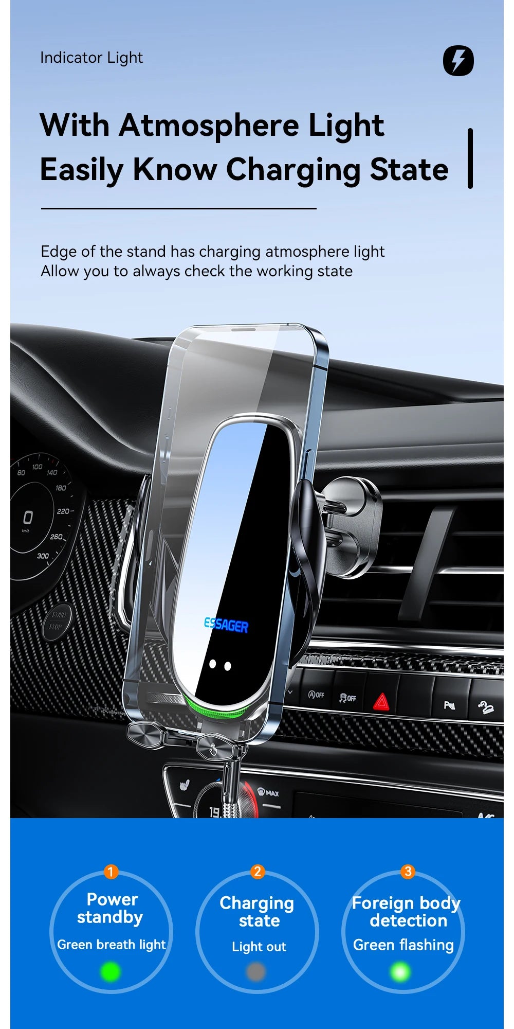 Essager Qi 15W Wireless Charger & Car Phone Holder – Fast Charging Car Mount for iPhone, Xiaomi, Huawei & More