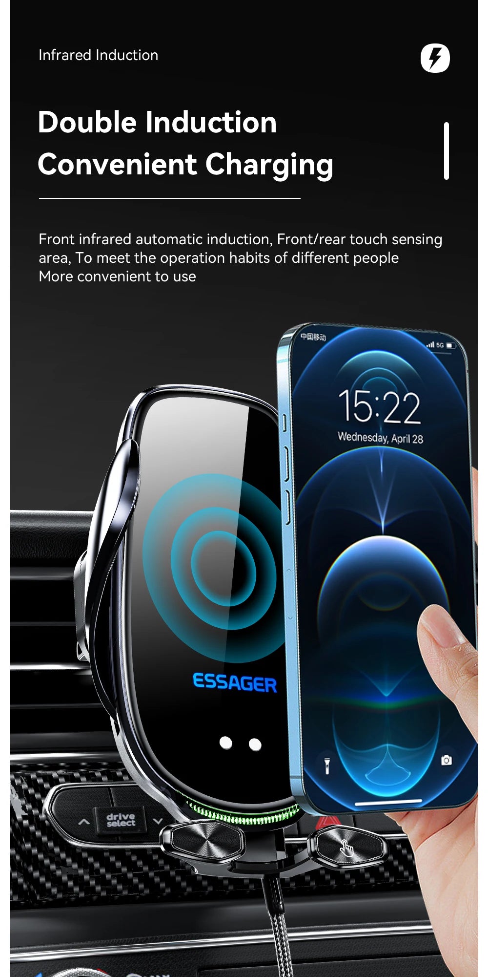 Essager Qi 15W Wireless Charger & Car Phone Holder – Fast Charging Car Mount for iPhone, Xiaomi, Huawei & More