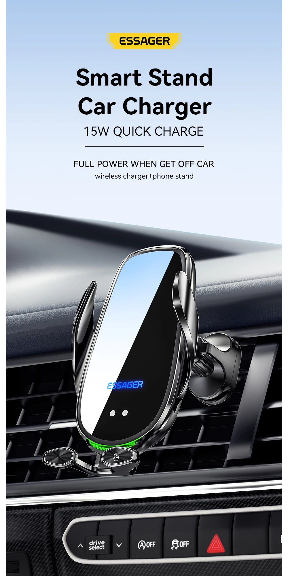 Essager Qi 15W Wireless Charger & Car Phone Holder – Fast Charging Car Mount for iPhone, Xiaomi, Huawei & More