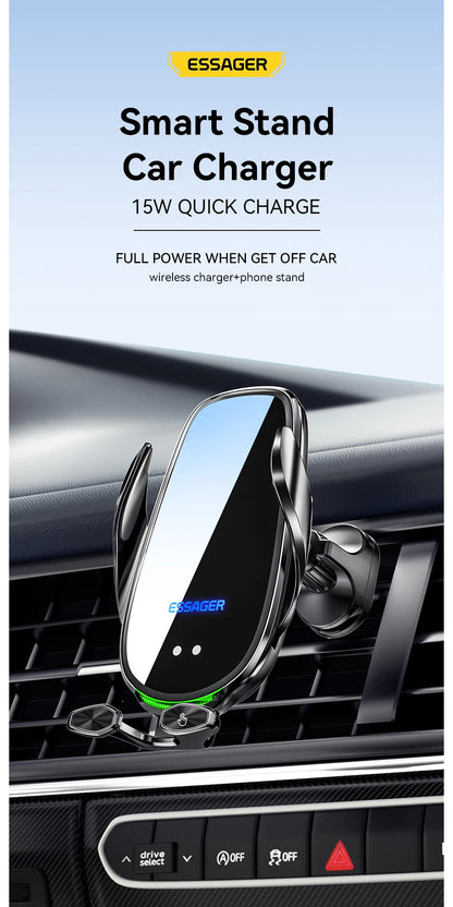 Essager Qi 15W Wireless Charger & Car Phone Holder – Fast Charging Car Mount for iPhone, Xiaomi, Huawei & More