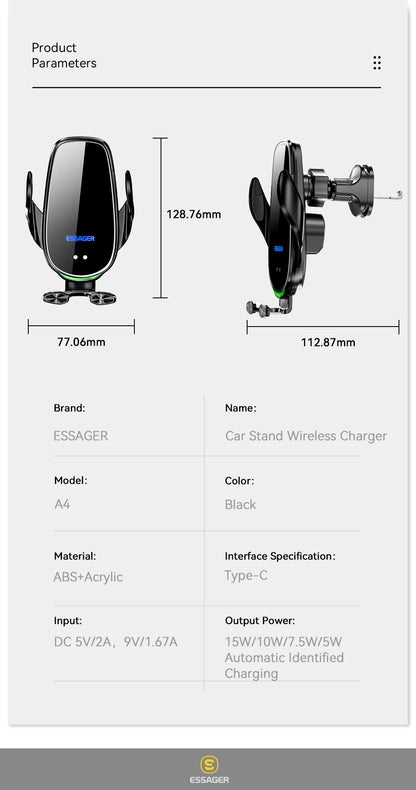 Essager Qi 15W Wireless Charger & Car Phone Holder – Fast Charging Car Mount for iPhone, Xiaomi, Huawei & More