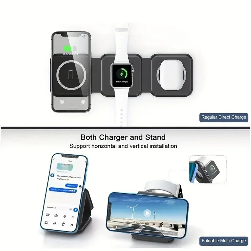 Maerknon 3-in-1 Magnetic Wireless Charger – Foldable Fast Charging Dock for iPhone, Apple Watch & AirPods