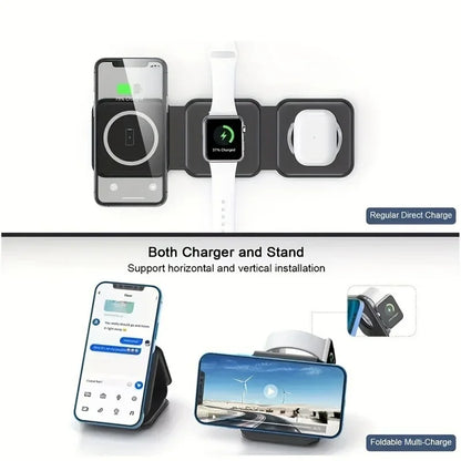Maerknon 3-in-1 Magnetic Wireless Charger – Foldable Fast Charging Dock for iPhone, Apple Watch & AirPods