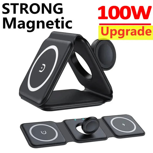 3-in-1 100W Wireless Charging Station – Magnetic Foldable Pad for iPhone 15/14/13/12, Apple Watch & AirPods
