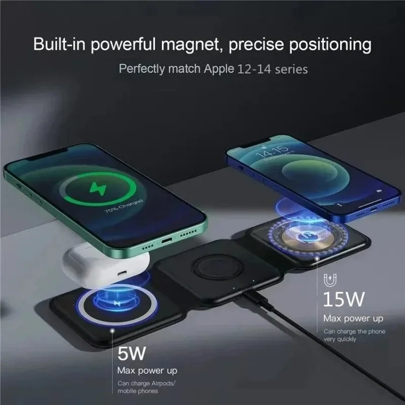 Maerknon 3-in-1 Magnetic Wireless Charger – Foldable Fast Charging Dock for iPhone, Apple Watch & AirPods