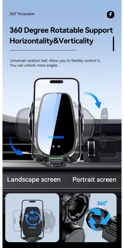 Essager Qi 15W Wireless Charger & Car Phone Holder – Fast Charging Car Mount for iPhone, Xiaomi, Huawei & More